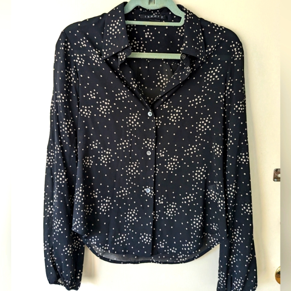 Theory black silk w/white dots button up blouse Size M